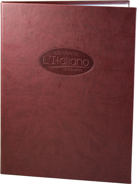 L Ítaliano mit Getränkekarte, Speisekarte, Logo Position Goldener Schnitt, Blindprägung, Reliefprägung
