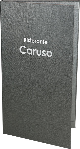 Ristorante Caruso mit Speisekarte, Speisekarten Erdbeere, Stecktaschen, Logo Position Goldener Schnitt, Heißfolienprägung
