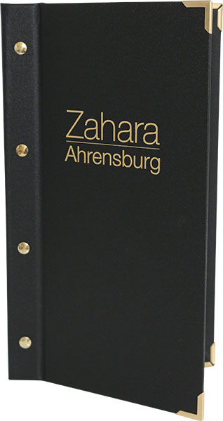 Zahara Ahrensburg mit Barkarte, Speisekarten Papaya, Buchschrauben, Logo Position Goldener Schnitt