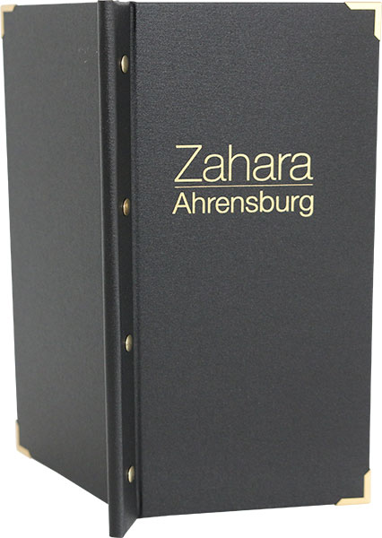 Zahara Ahrensburg mit Barkarte, Speisekarten Papaya, Buchschrauben, Logo Position Goldener Schnitt