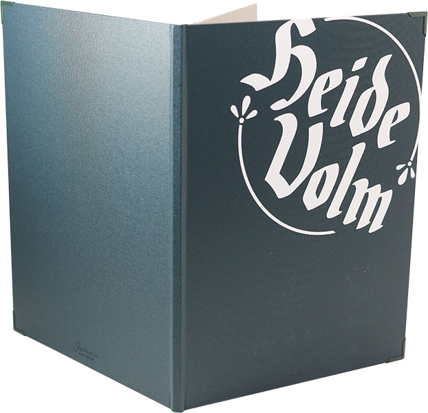 Heide-Volm mit Speisekarte, Speisekarten Pinie, Steckleisten, Logo Position Oben, Siebdruck