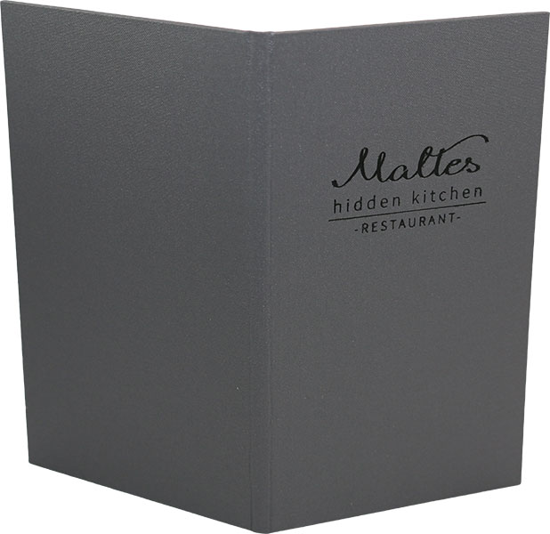 Maltes Hidden Kitchen mit Rechnungsmappen, Speisezwiebel, Logo Position Goldener Schnitt, Heißfolienprägung