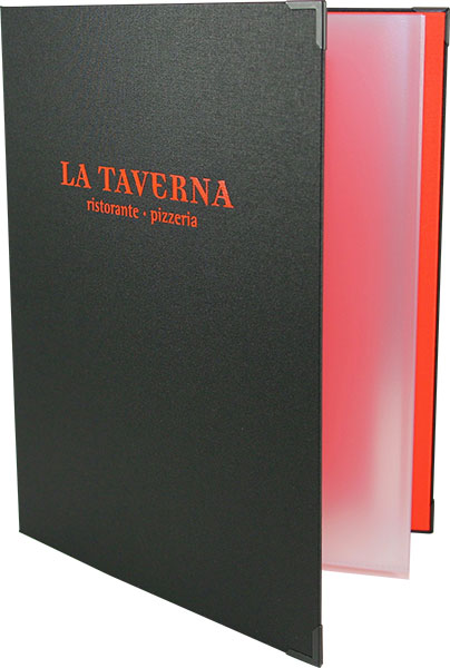 La Taverna Restaurant mit Getränkekarten, Speisekarten, Weinkarten, DIN A4, Buchschrauben, Speisekarten Mango, Logo Position Goldener Schnitt