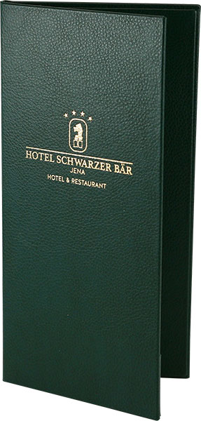 Hotel Schwarzer Bär Jena mit Rechnungsmappen, Speisezwiebel, Speisekarten Zwiebel, Logo Position Goldener Schnitt, Heißfolienprägung